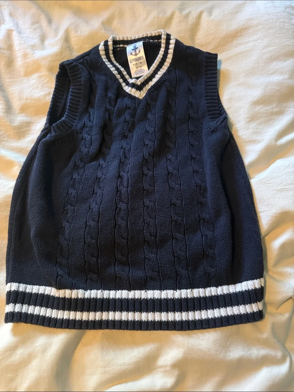 Navy Cable-Knit Sleeveless Sweater Vest with White Trim size 5/6